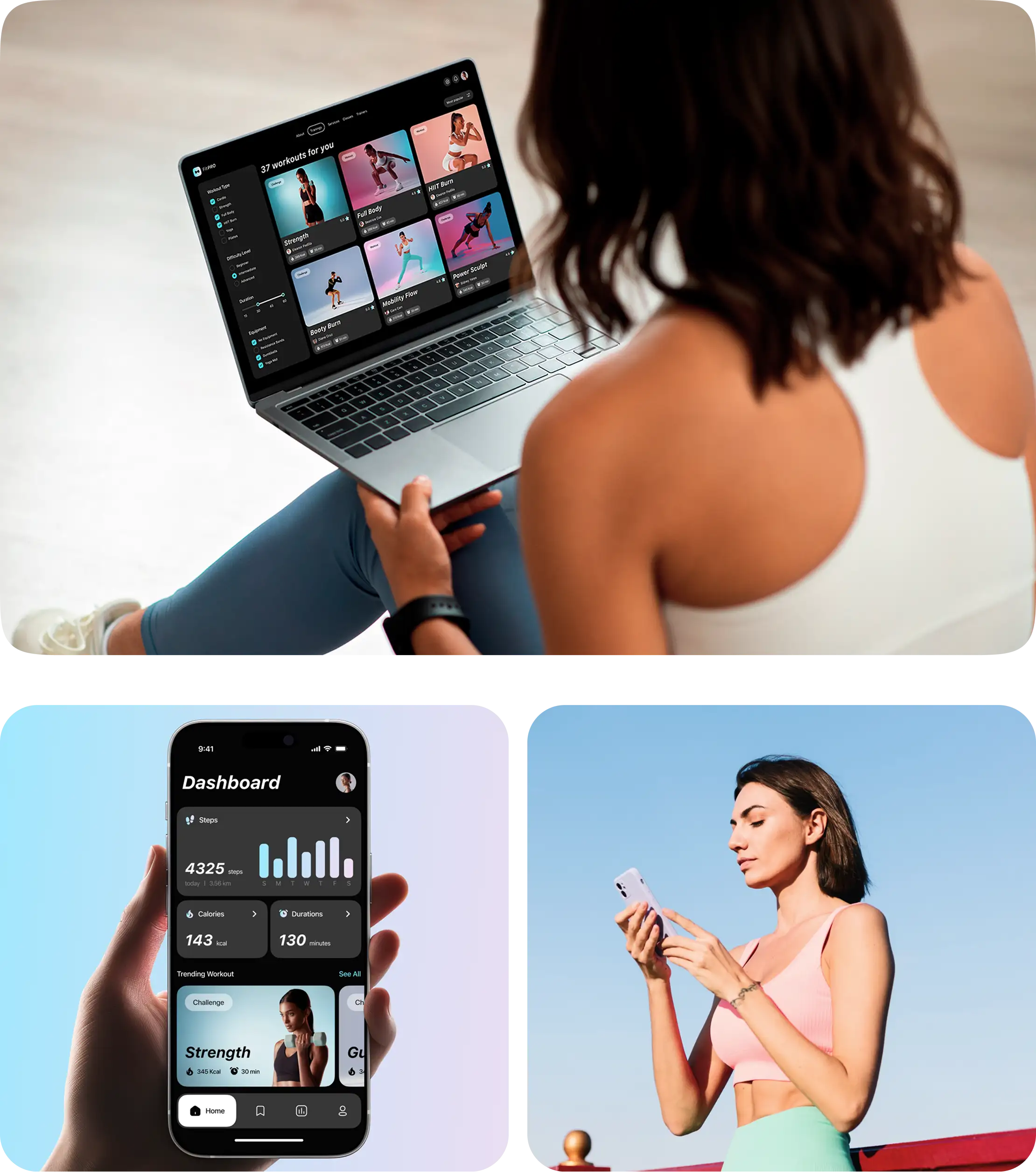 Collage of a laptop and phones showing the fitness app with athletes.