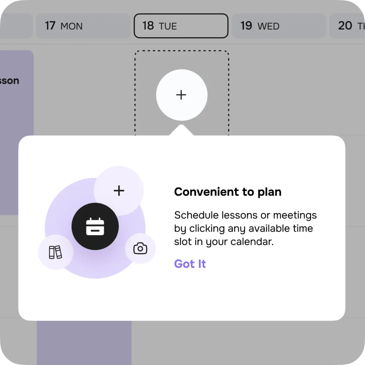 App card for scheduling lessons by picking available calendar slots.