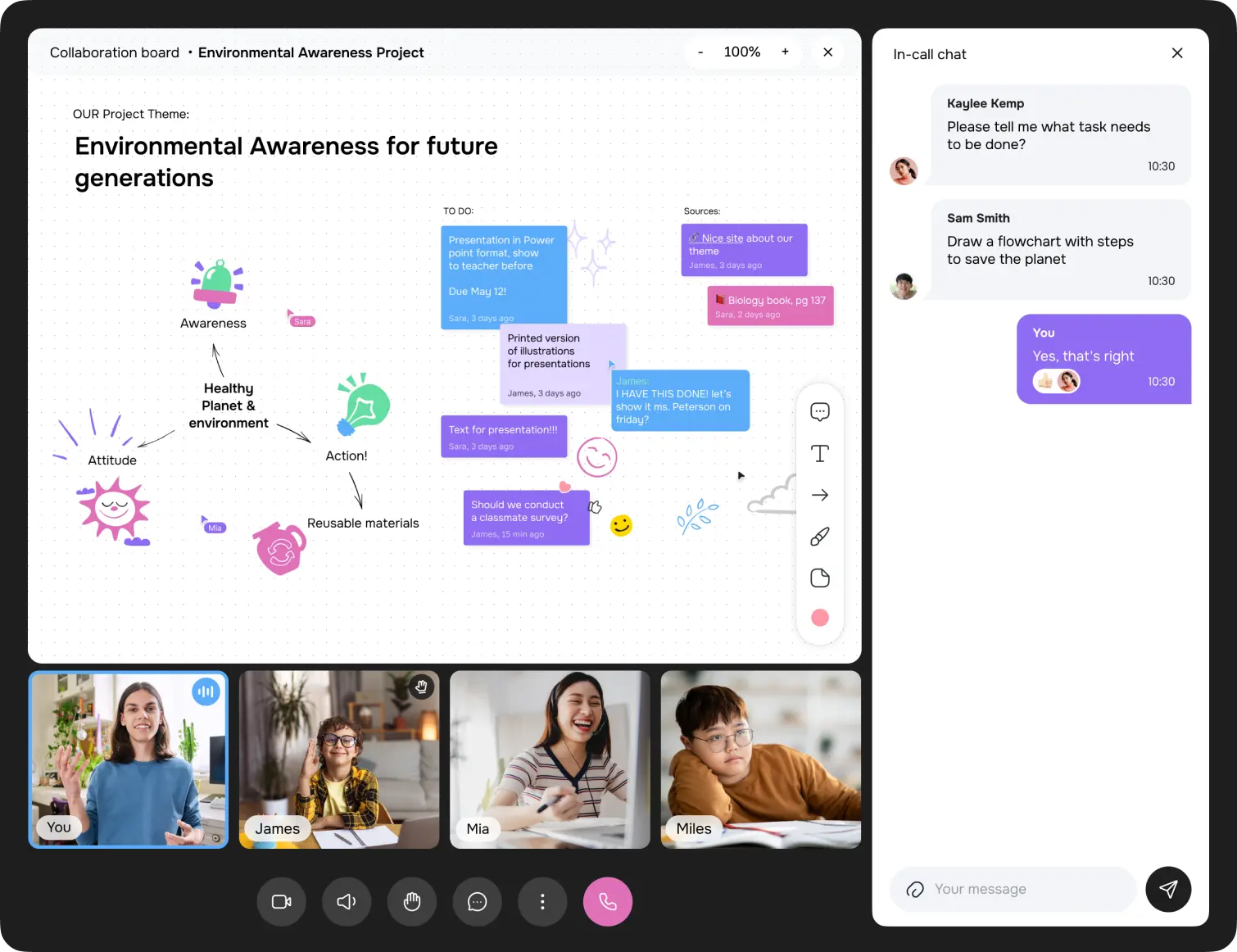 Tablet app showing a class video call alongside a chat sidebar.