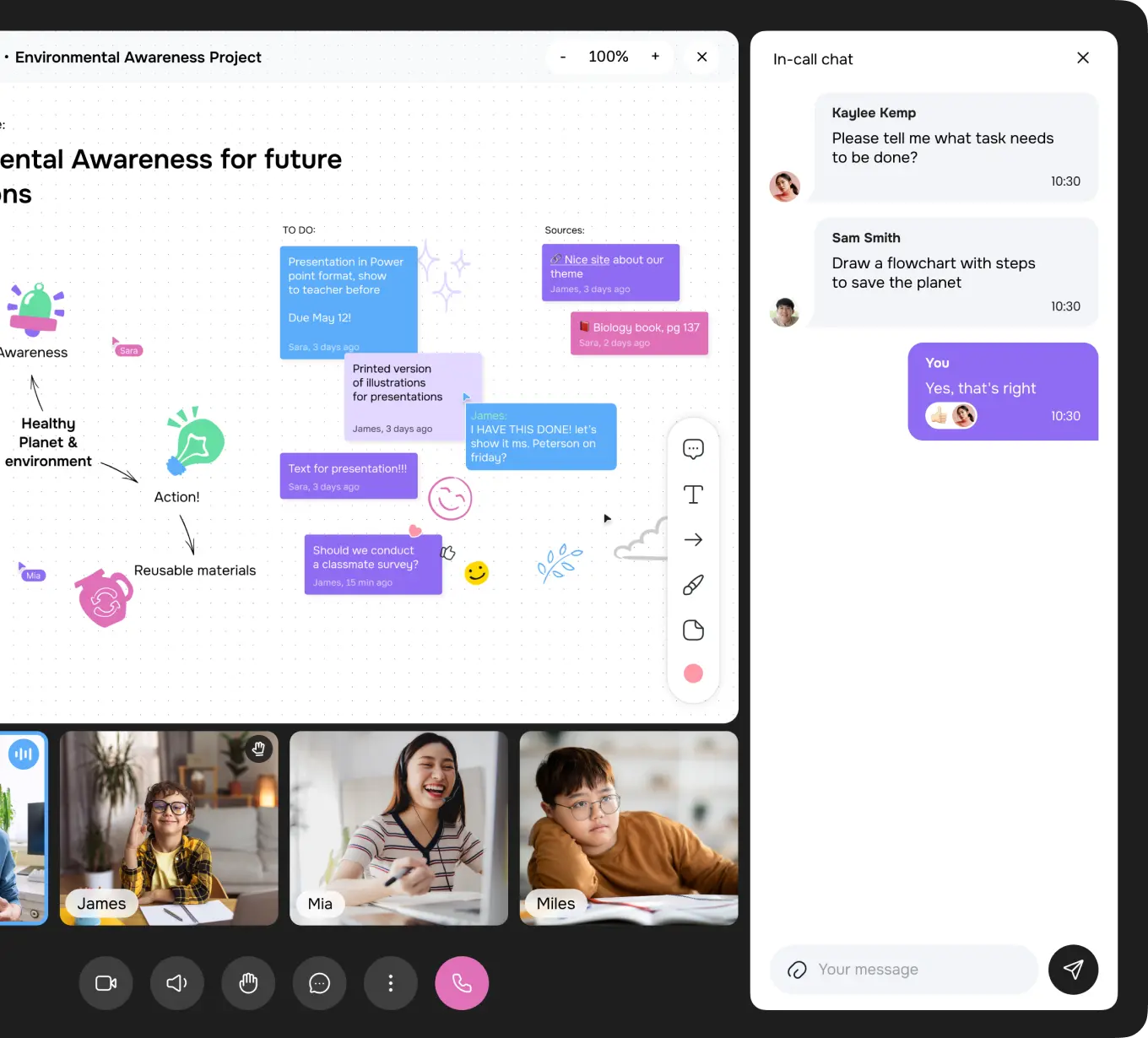 Tablet app showing a class video call alongside a chat sidebar.