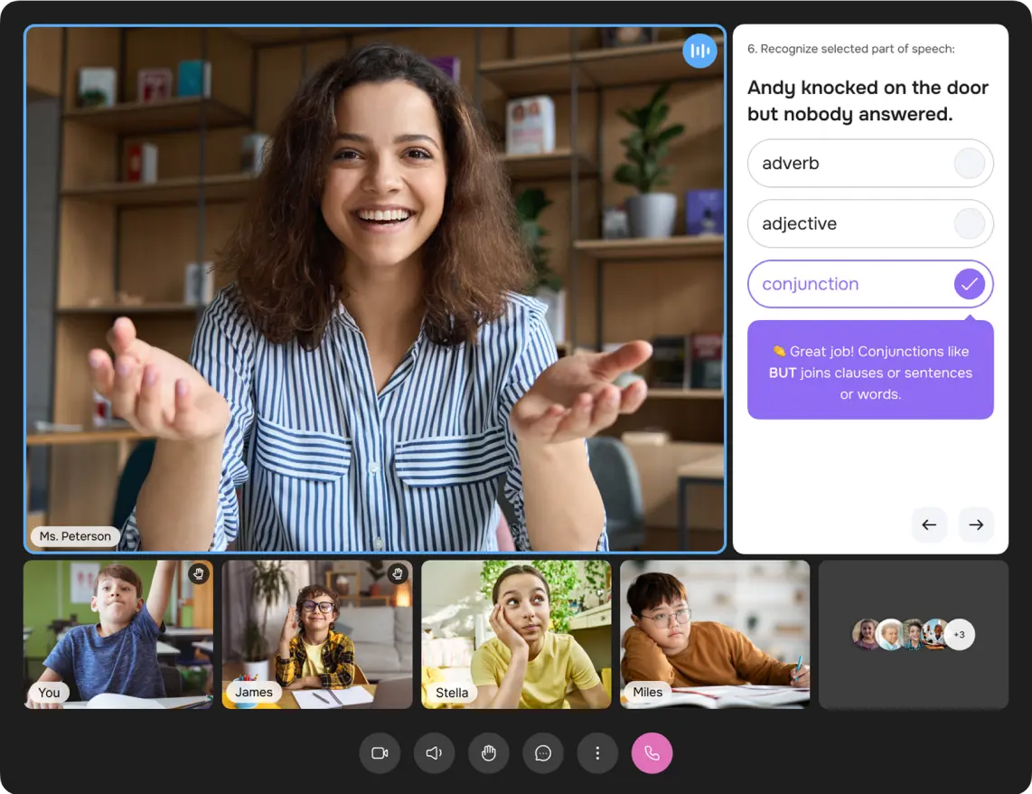 Teacher leading a live online lesson shown in the app video call interface.