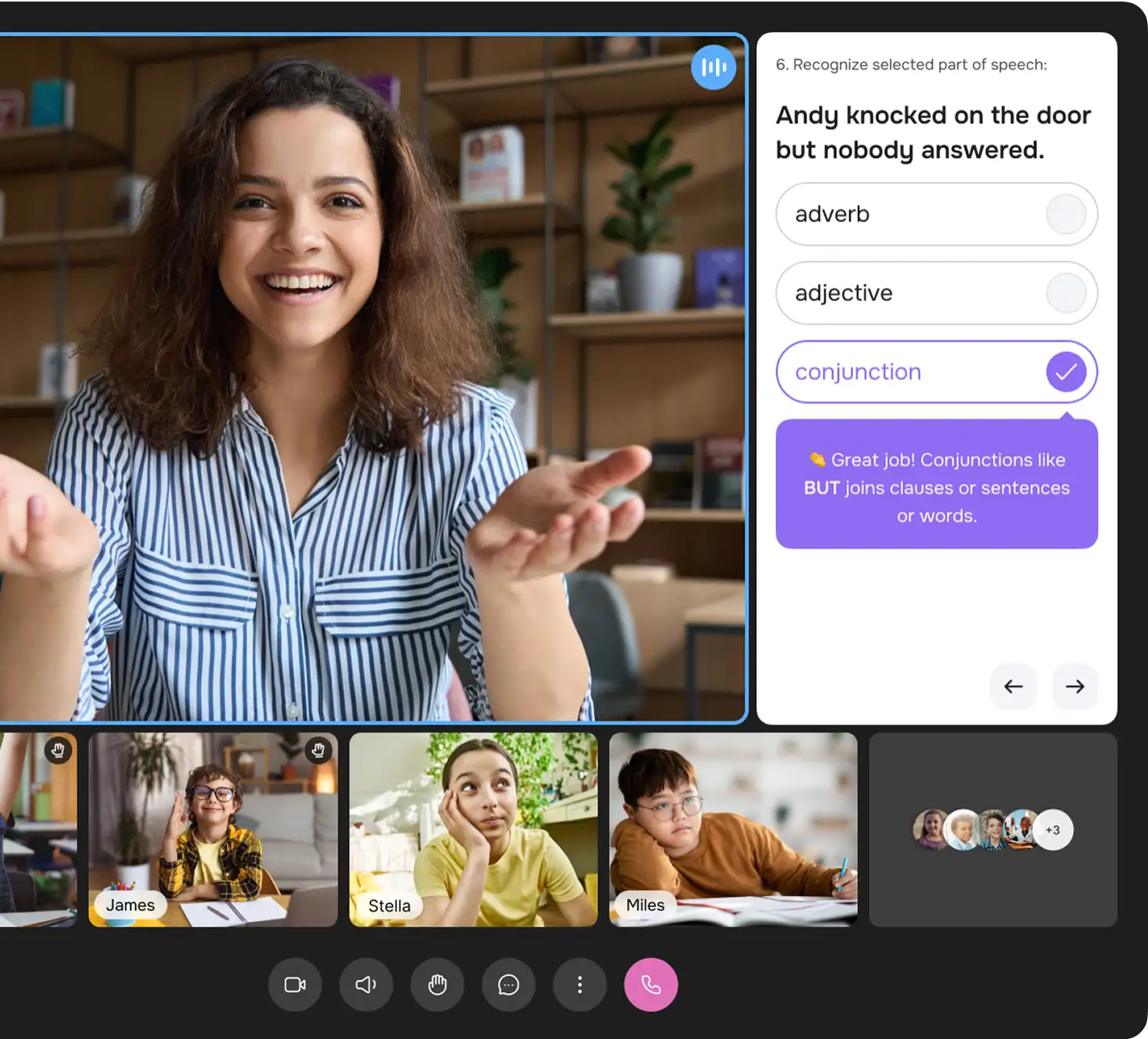 Teacher leading a live online lesson shown in the app video call interface.