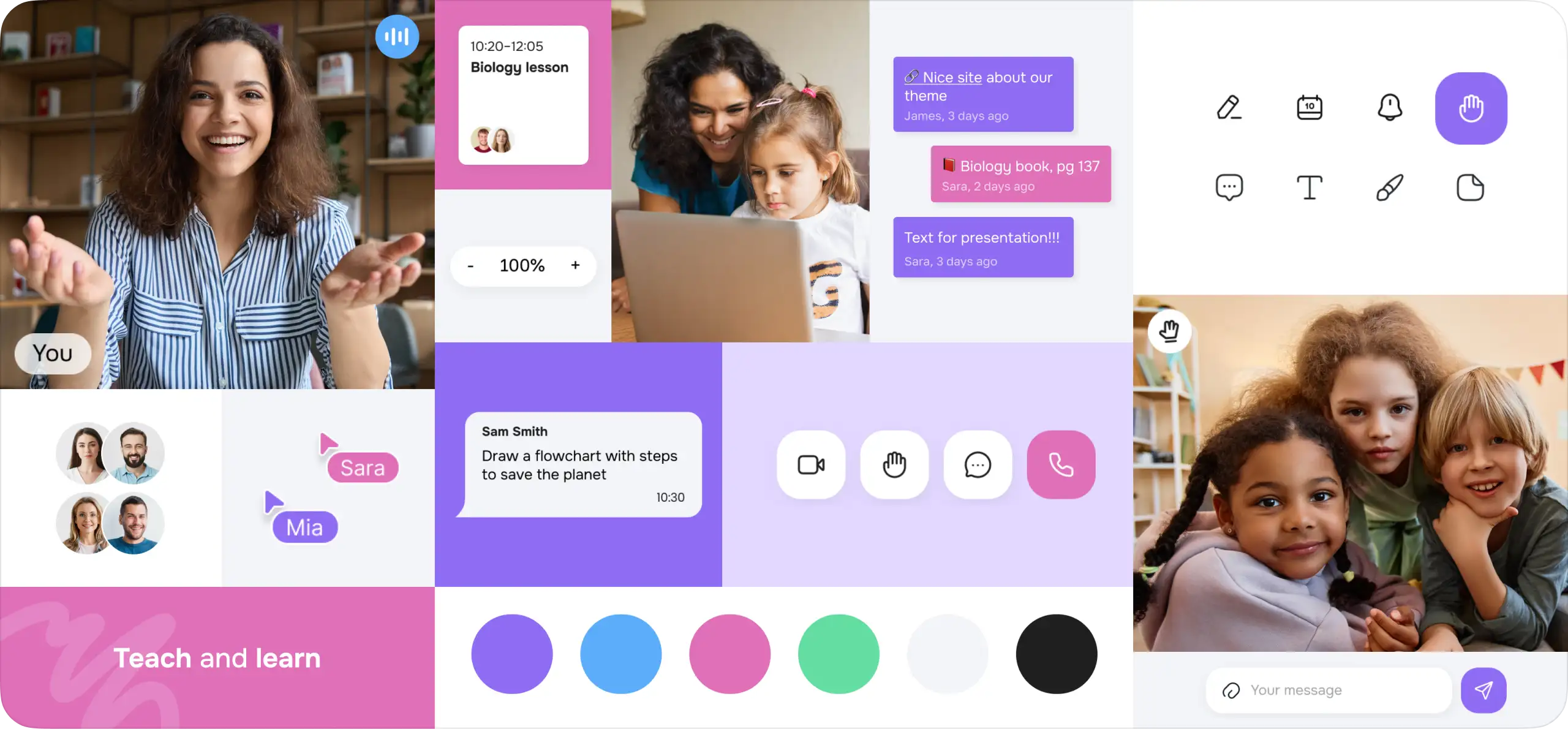 Collage of app screens showing video calls and classroom interface elements.