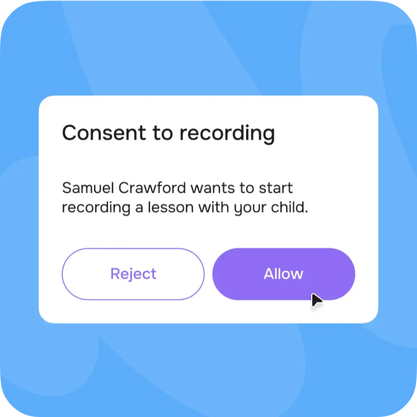 App dialog requesting parental consent to record a child’s lesson.