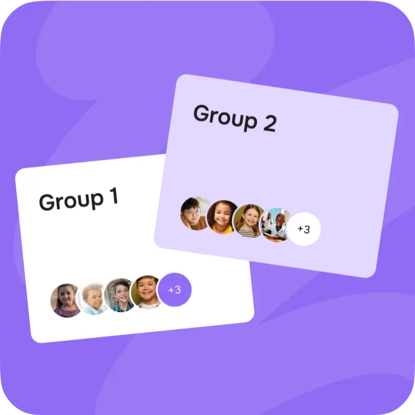 App cards splitting students into Group 1 and Group 2 with member avatars.