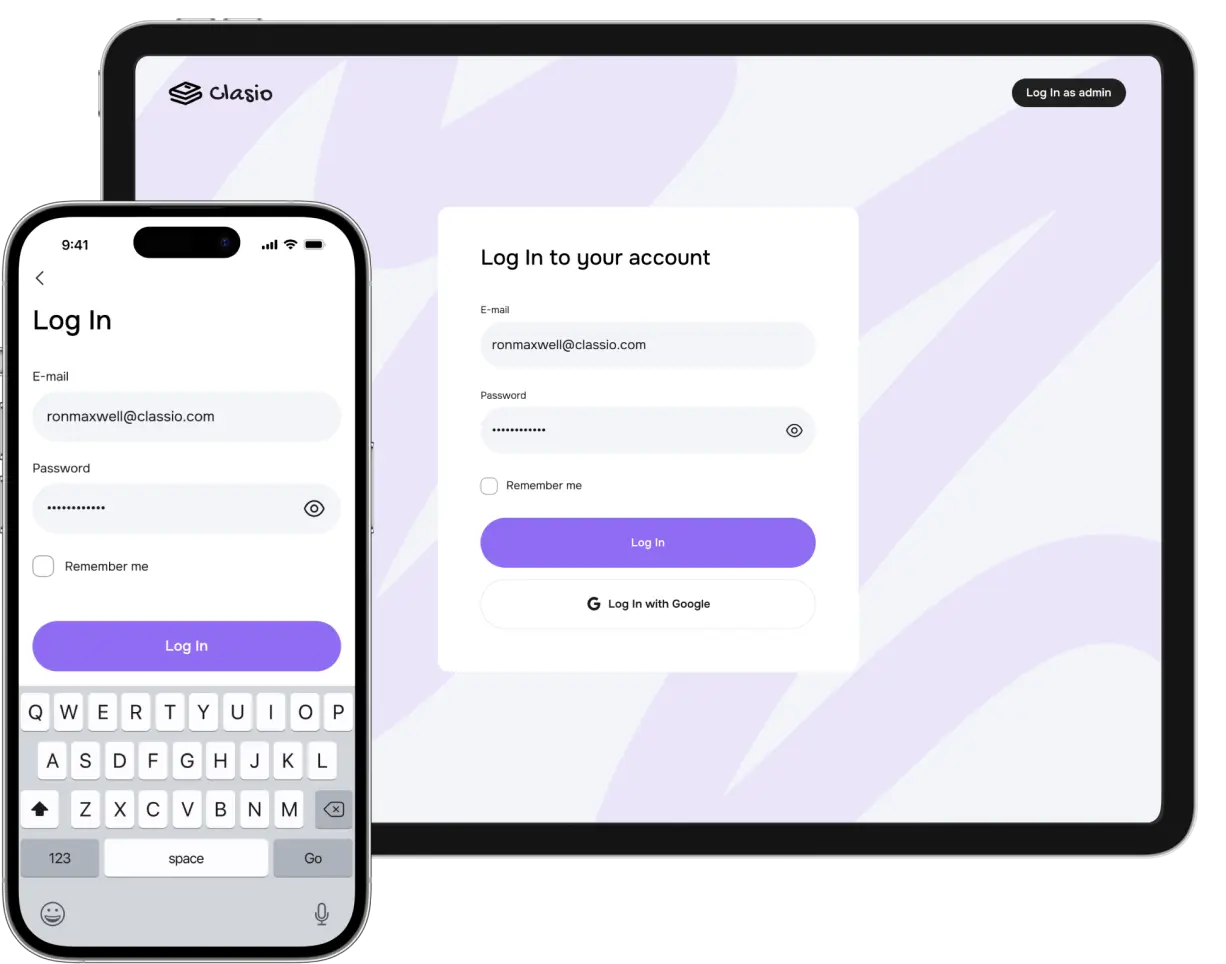Phone and tablet showing the app login and sign-in screens.