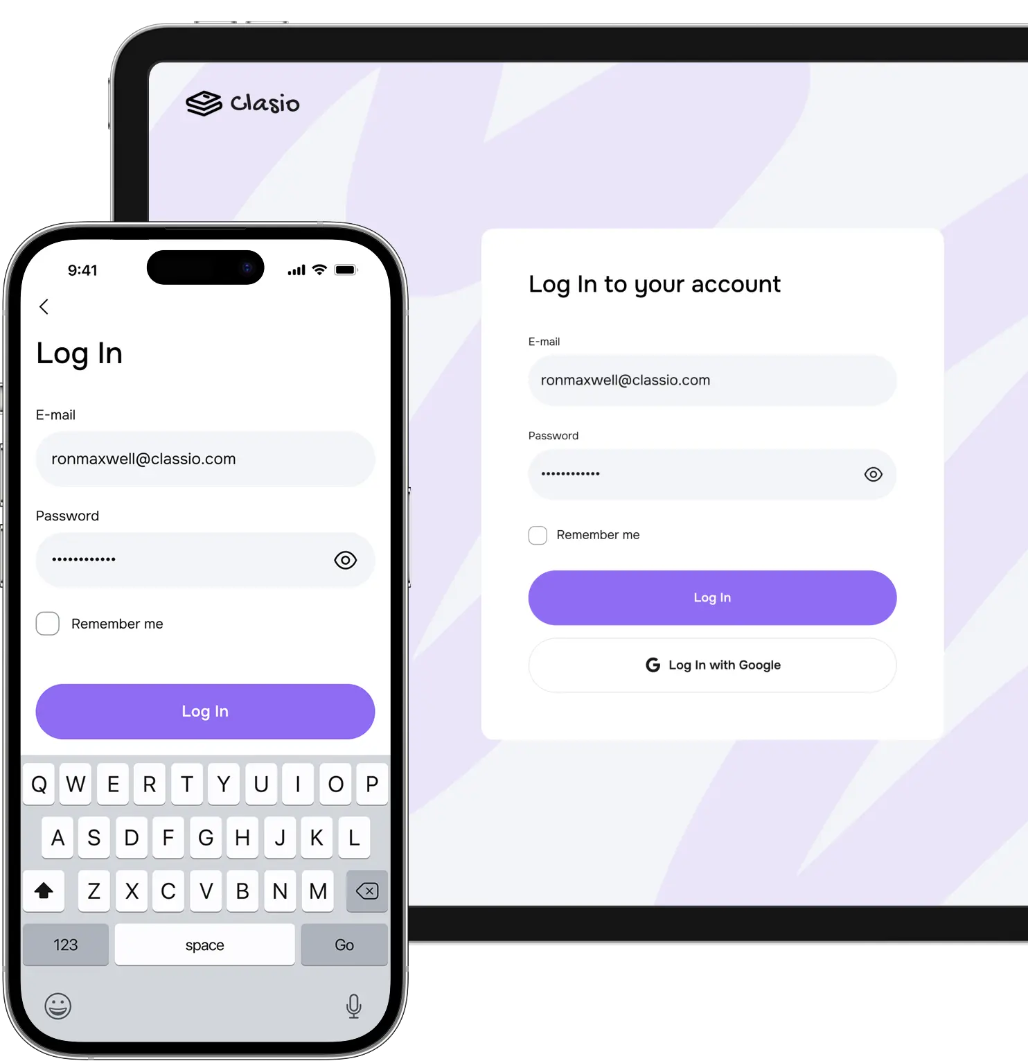 Phone and tablet showing the app login and sign-in screens.