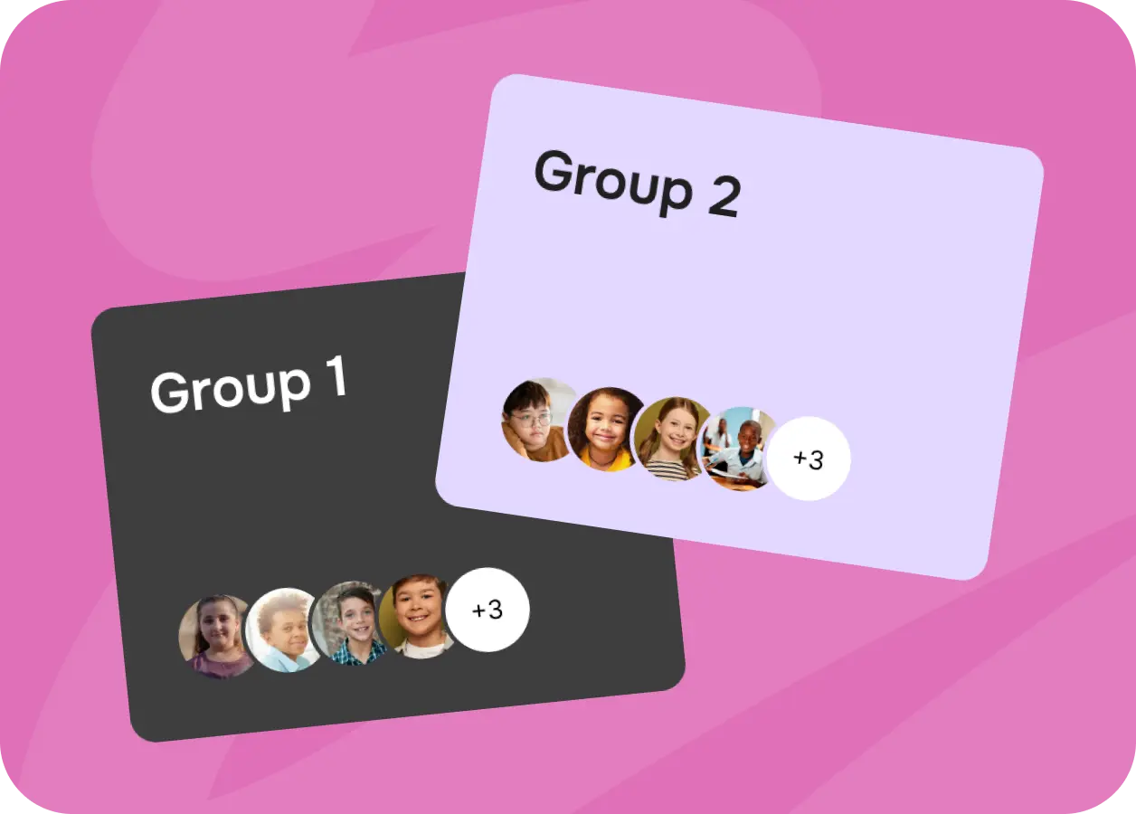 App cards grouping students into Group 1 and Group 2 in real time.