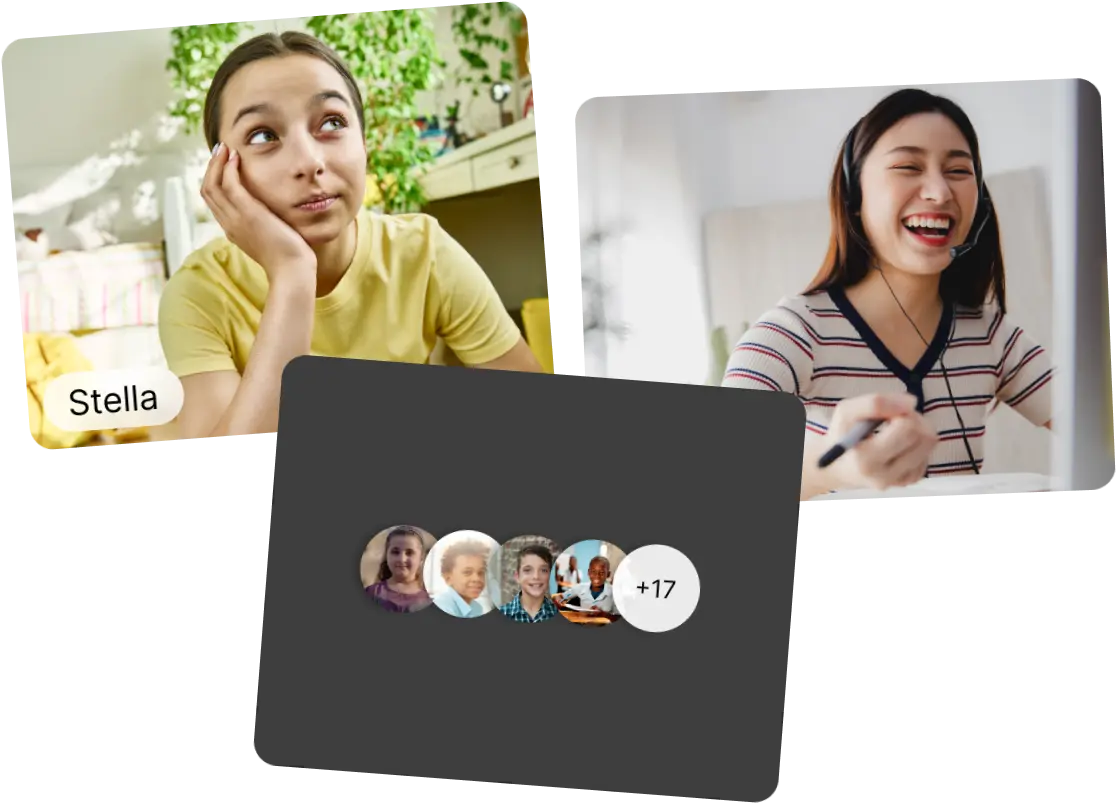 Live video call participants with a real-time student group avatar card.
