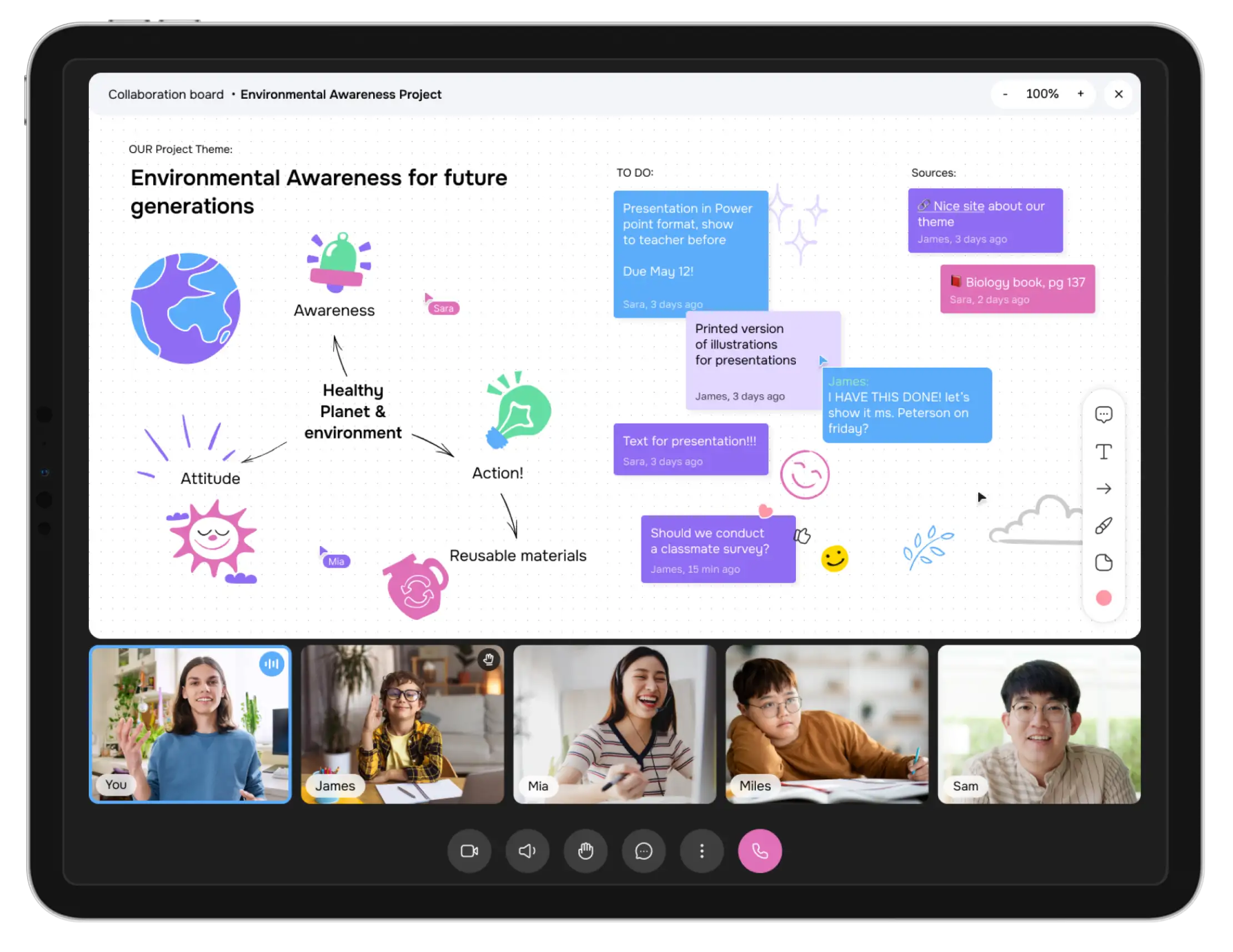 Tablet displaying a lesson whiteboard with a row of video call participants.
