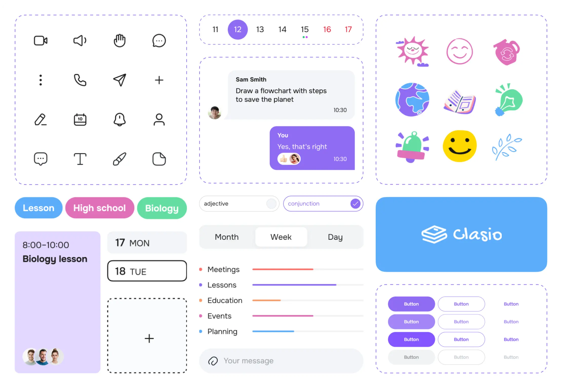 UI kit of icons, buttons, and components used across the classroom app.