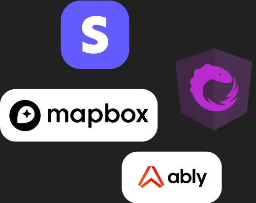 Mapbox and Ably technology logos used in the laundry app stack.