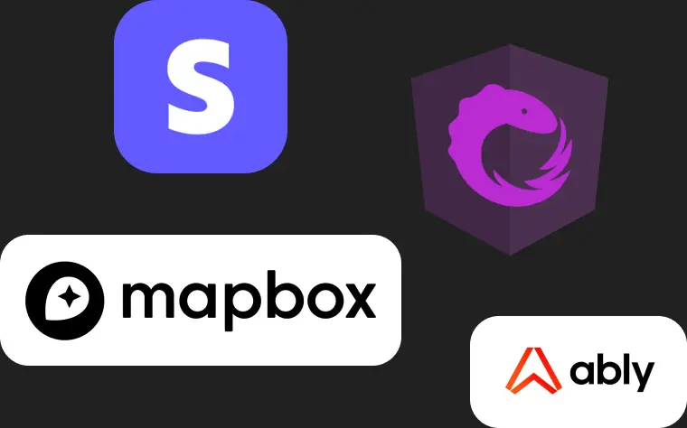 Mapbox and Ably technology logos used in the laundry app stack.