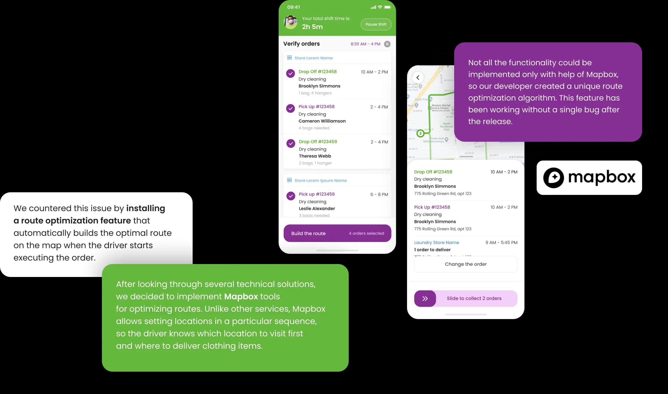 Phone mockups demonstrating the driver route optimisation feature.