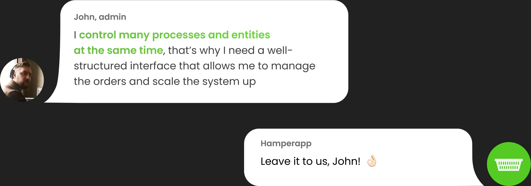 In-app chat bubbles between a user and the laundry service.