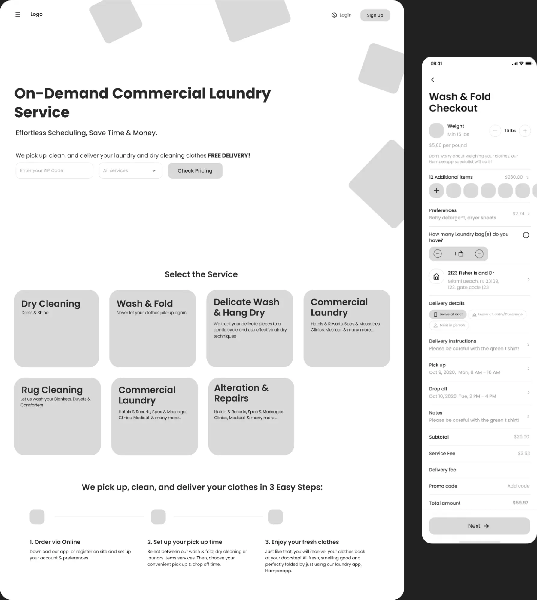 App screens for selecting a laundry service and pickup steps.