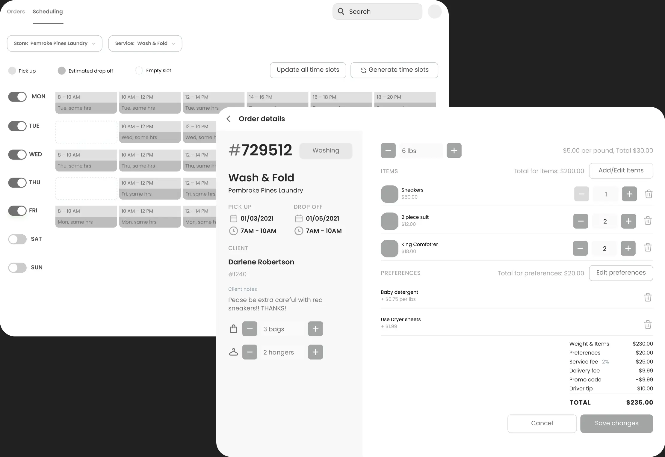 Admin dashboard screens for managing a Wash and Fold order.
