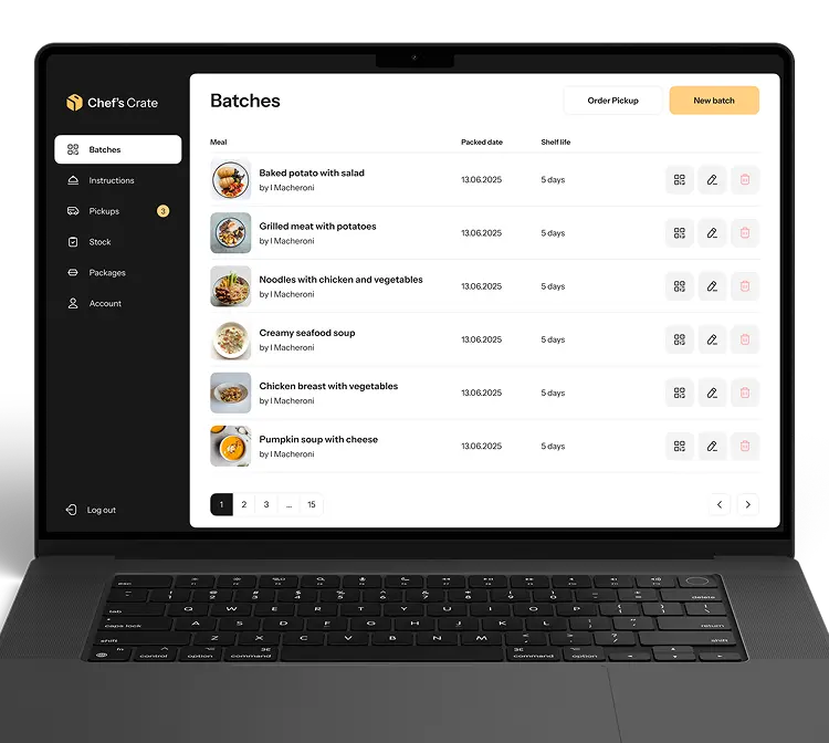 Laptop showing the Chef's Crate Batches screen with packed dates, shelf life and row actions.