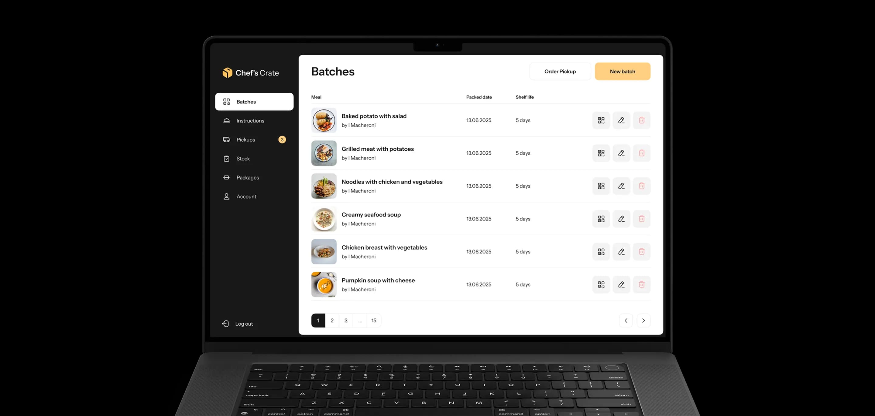Laptop showing the Chef's Crate Batches screen with packed dates, shelf life and row actions.