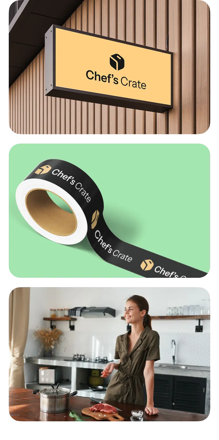 Chef's Crate branding: an illuminated sign, a roll of branded packing tape and a woman cooking in a kitchen.