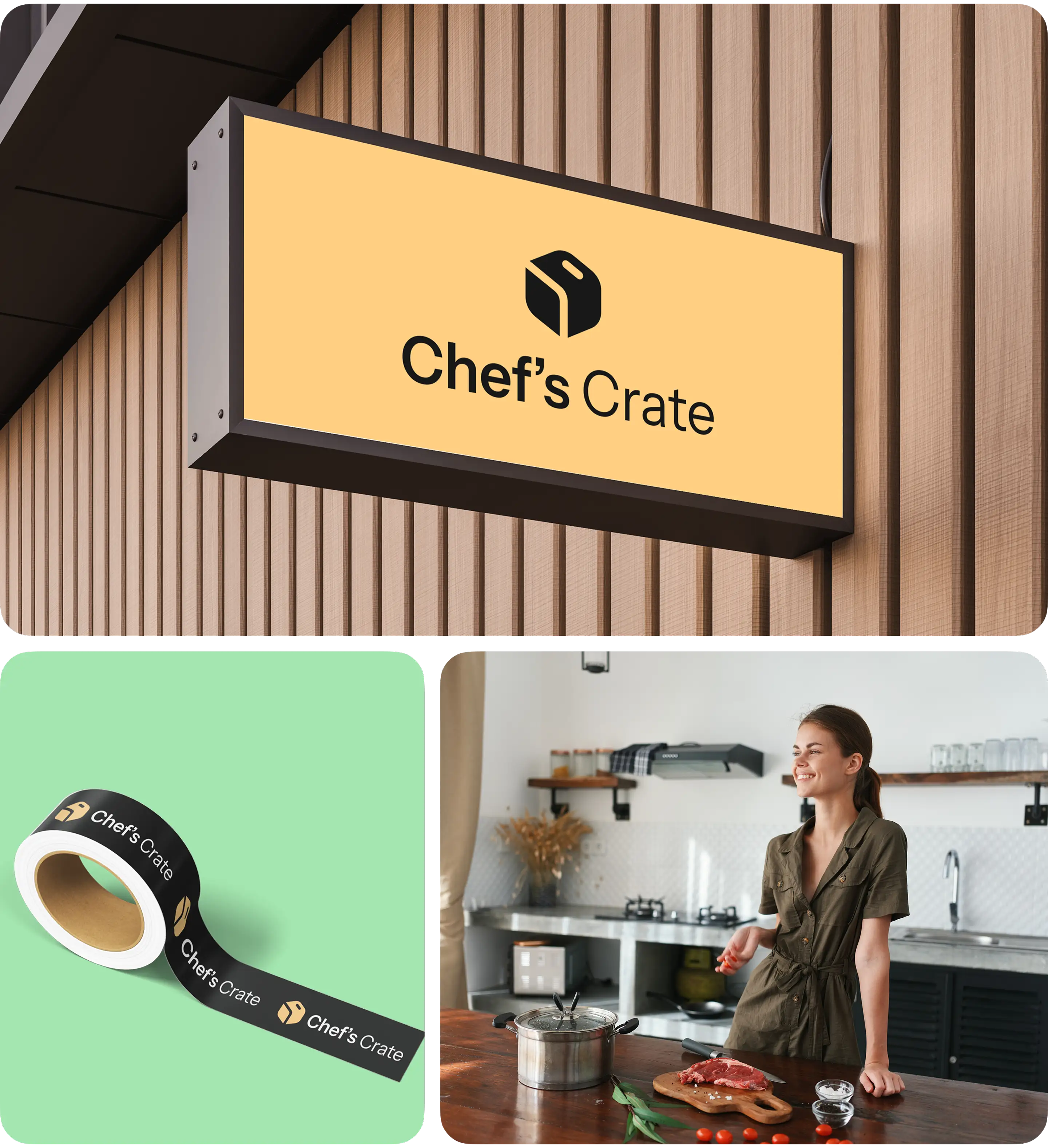 Chef's Crate branding: an illuminated sign, a roll of branded packing tape and a woman cooking in a kitchen.