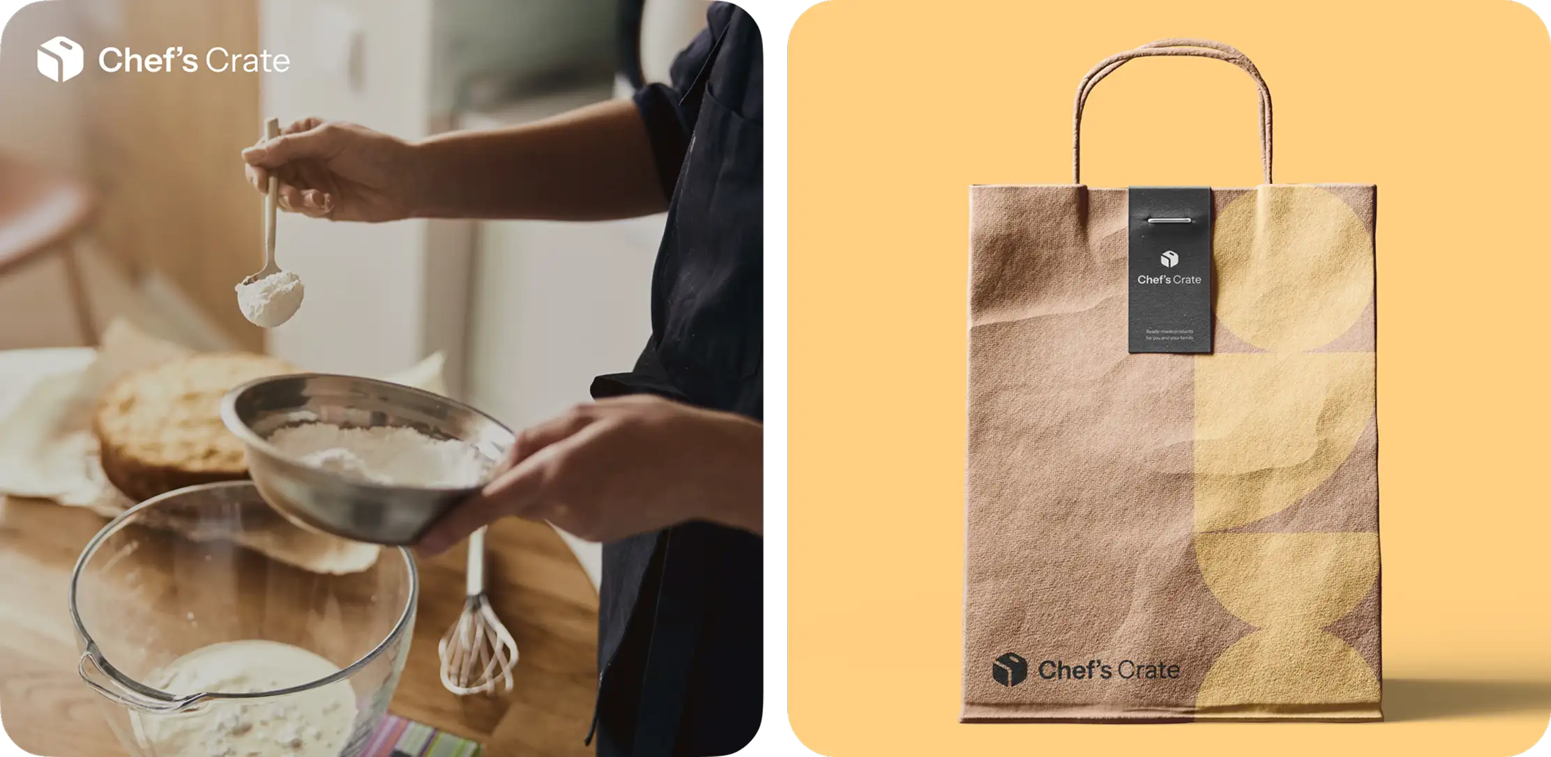 Chef's Crate branding: a person sifting flour in a kitchen and a branded paper bag with a logo tag.