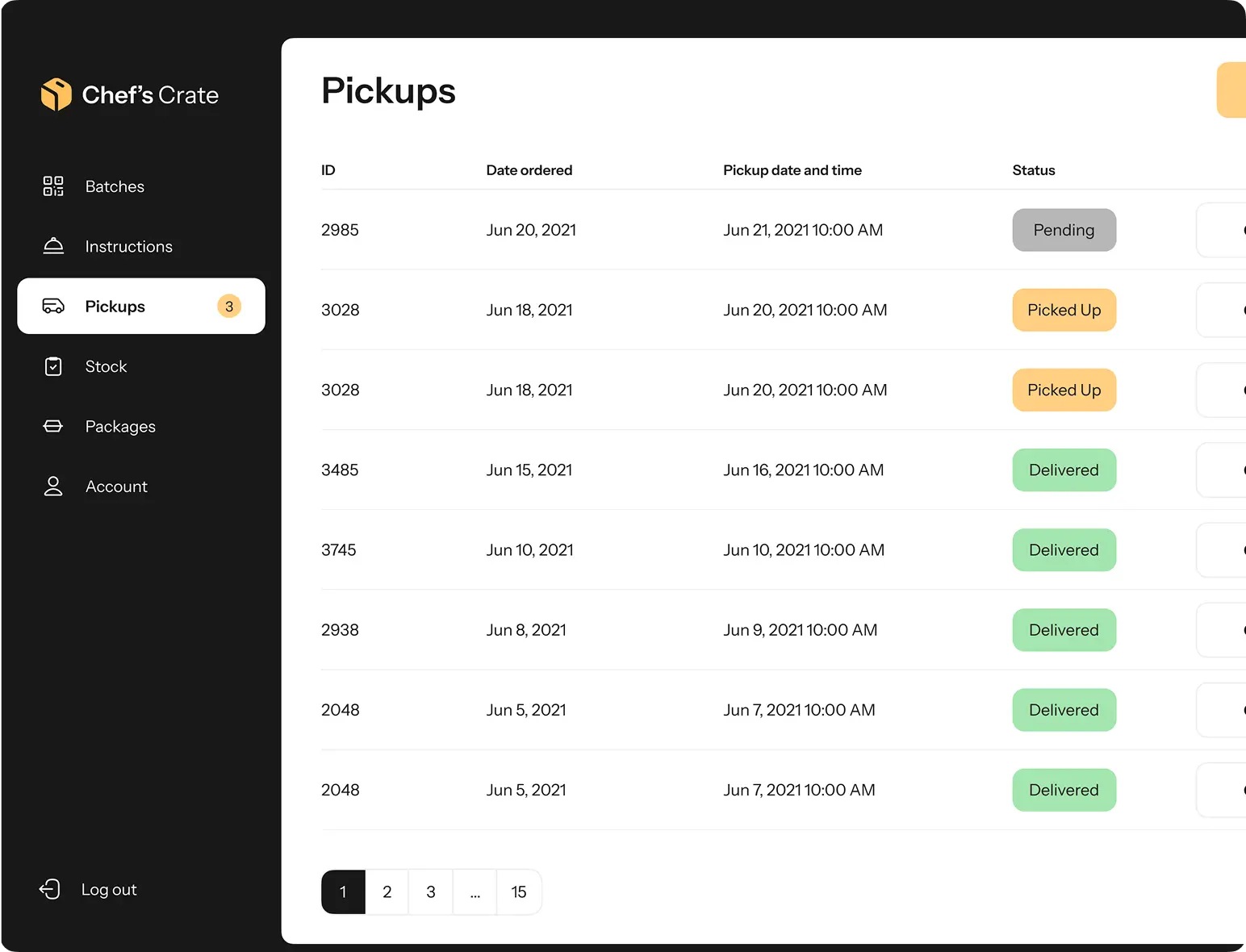 Chef's Crate Pickups screen listing order IDs, order and pickup dates and statuses: Pending, Picked Up, Delivered.