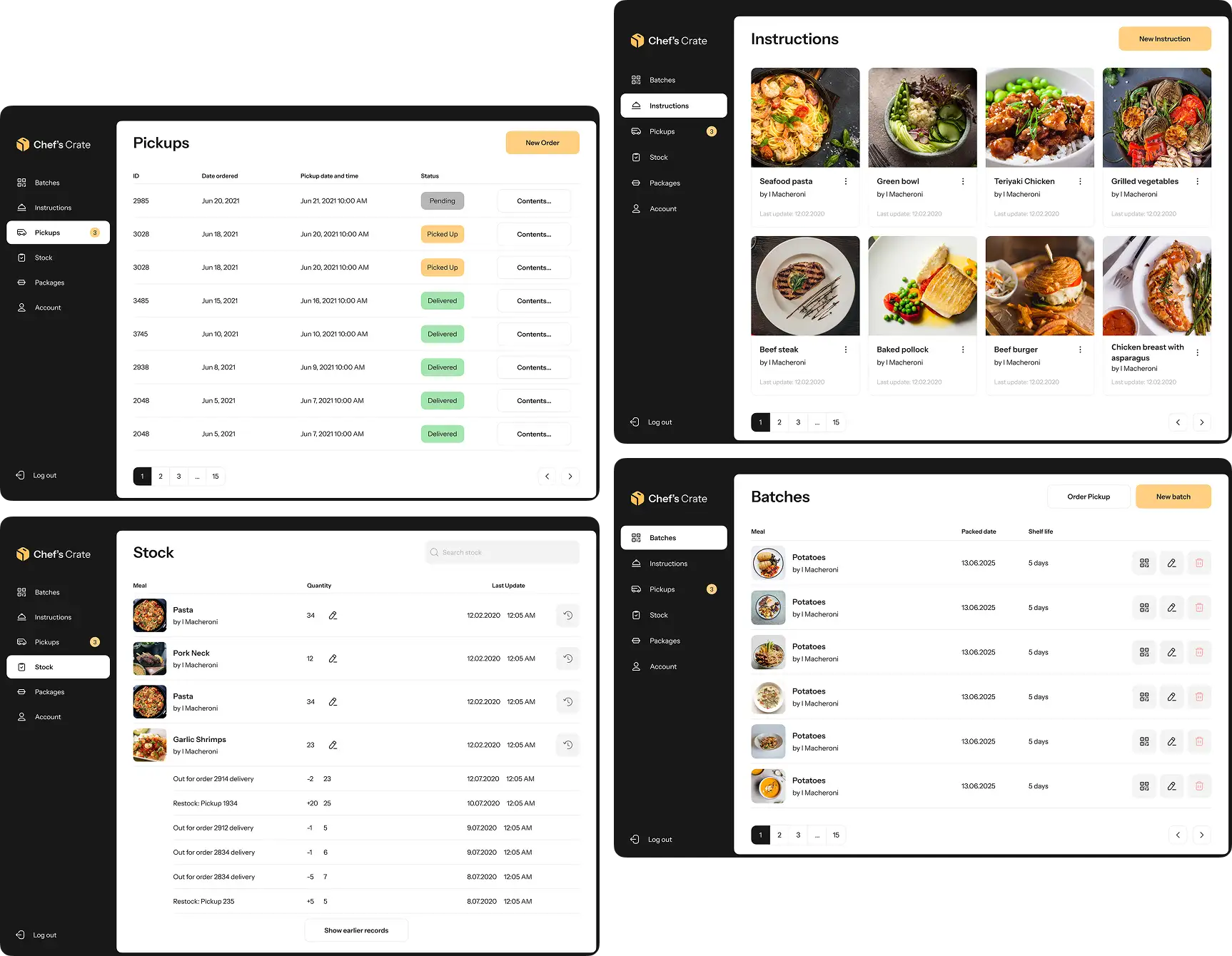 Collage of Chef's Crate screens: Instructions, Batches, Stock and Pickups.