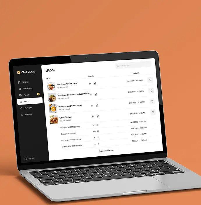 Laptop on an orange background showing the Chef's Crate Stock screen with meal quantities and restock records.