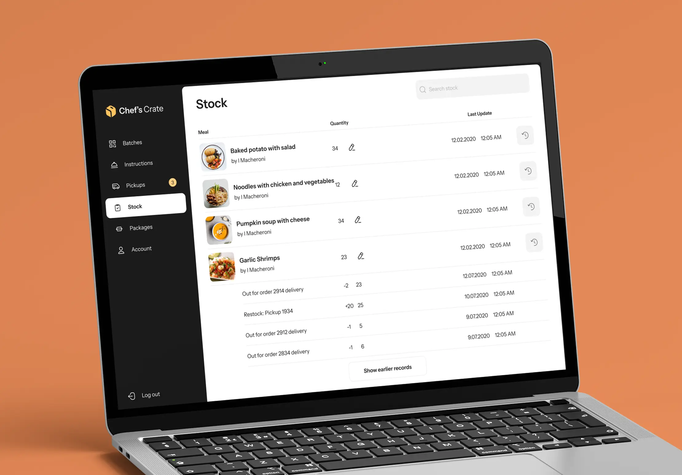Laptop on an orange background showing the Chef's Crate Stock screen with meal quantities and restock records.