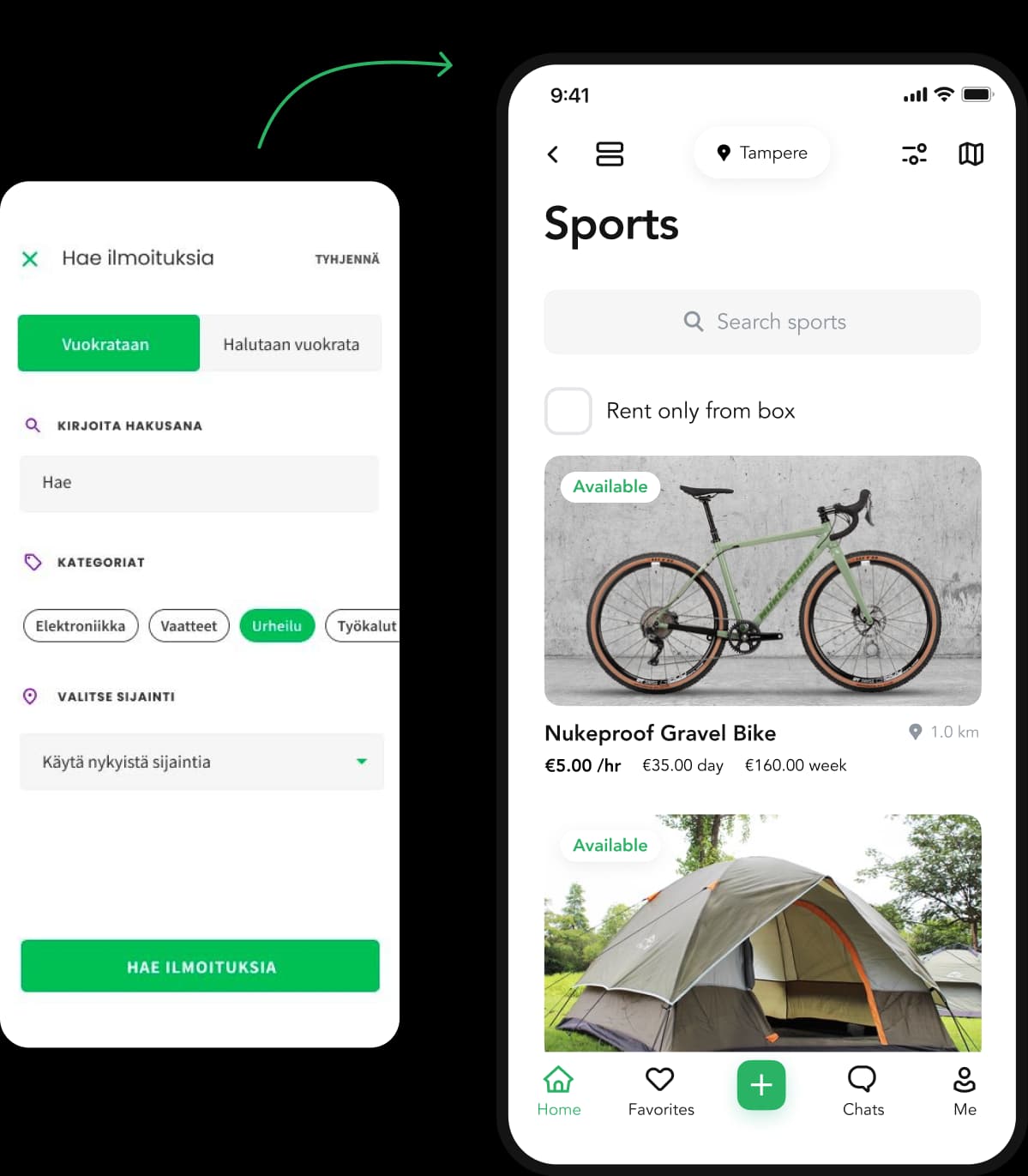 Item search before and after: the old filter form next to the new Sports category screen with a search bar and rental listings.