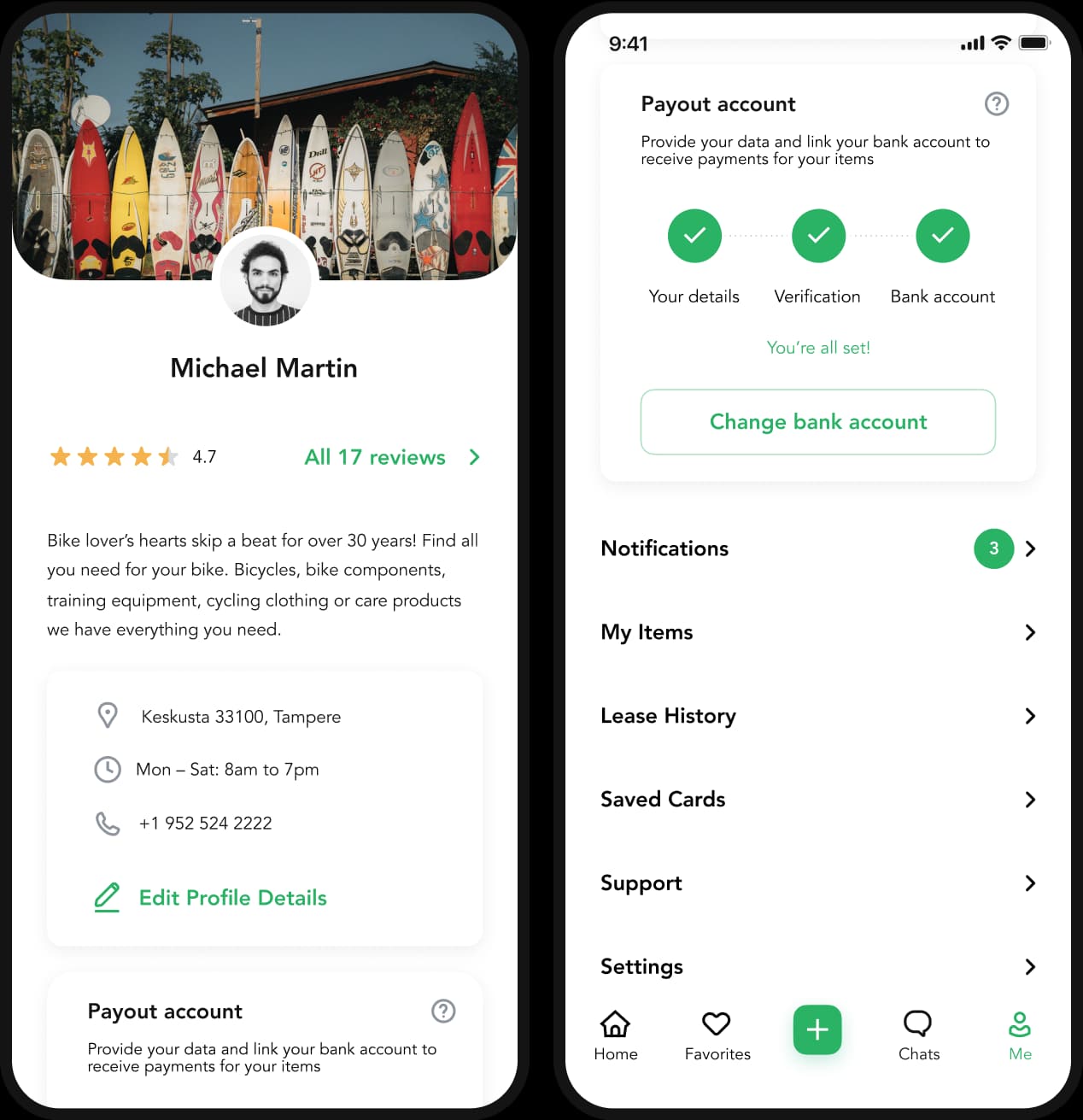 Lainappi app user profile screen with payout account and menu.