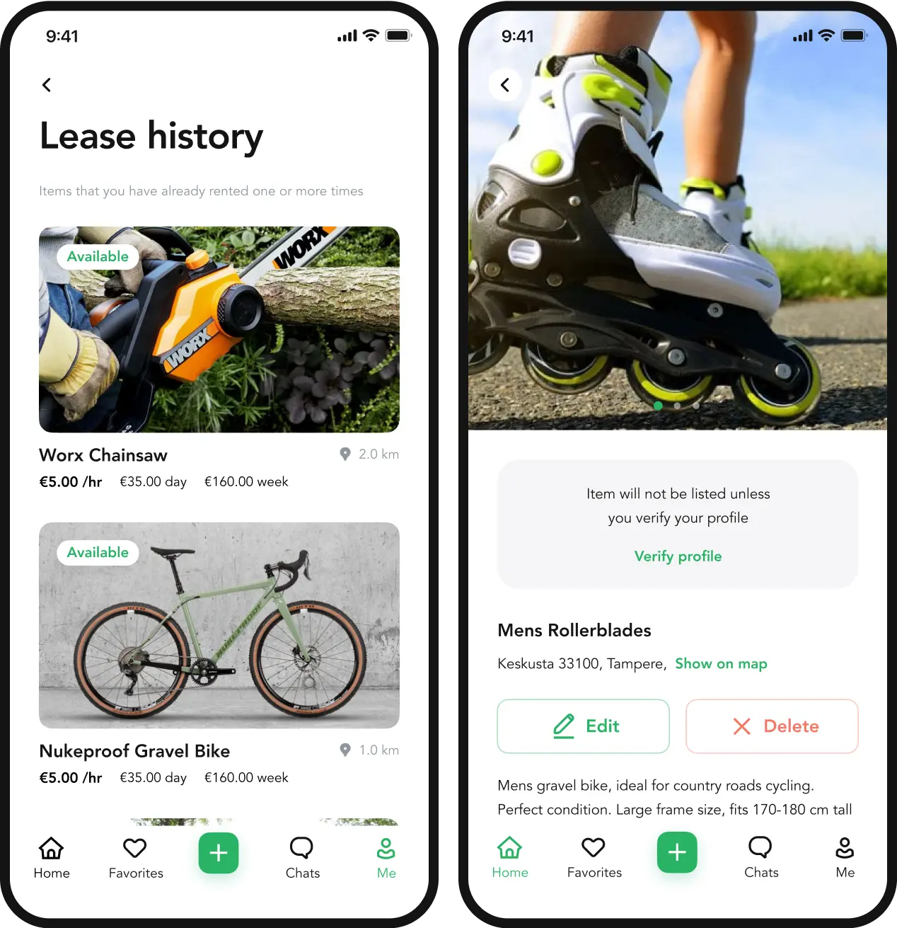 Lainappi app lease history list next to the rollerblades item page with edit and delete buttons.