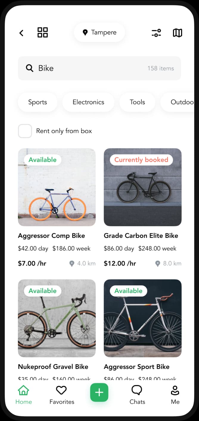 Lainappi app search results screen showing bicycles available for rent.