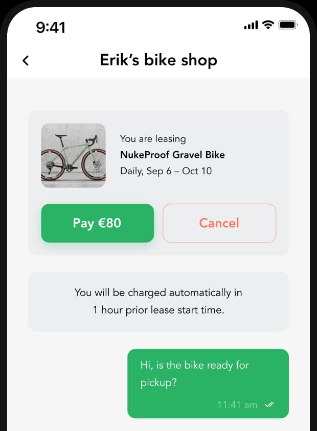 Lainappi app rental chat screen with a payment prompt on mobile.