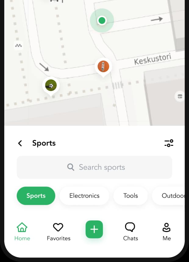 Lainappi app map screen showing nearby rental items on mobile.