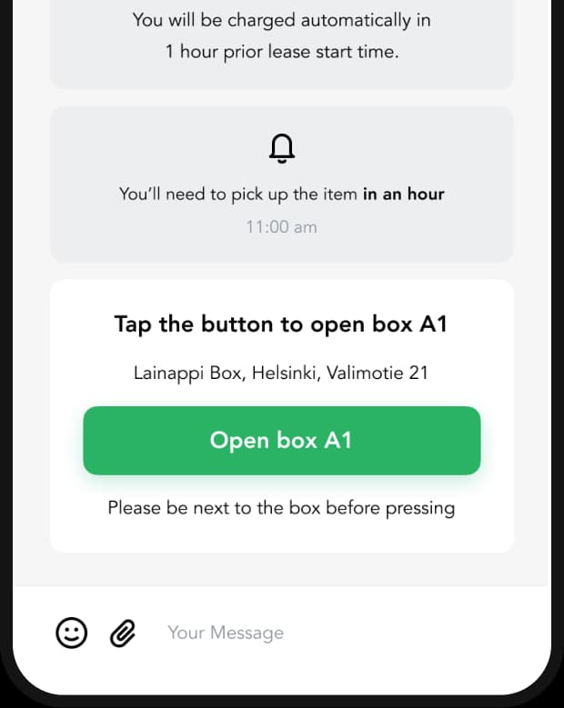 Lainappi app chat screen with the Open box feature for item pickup.