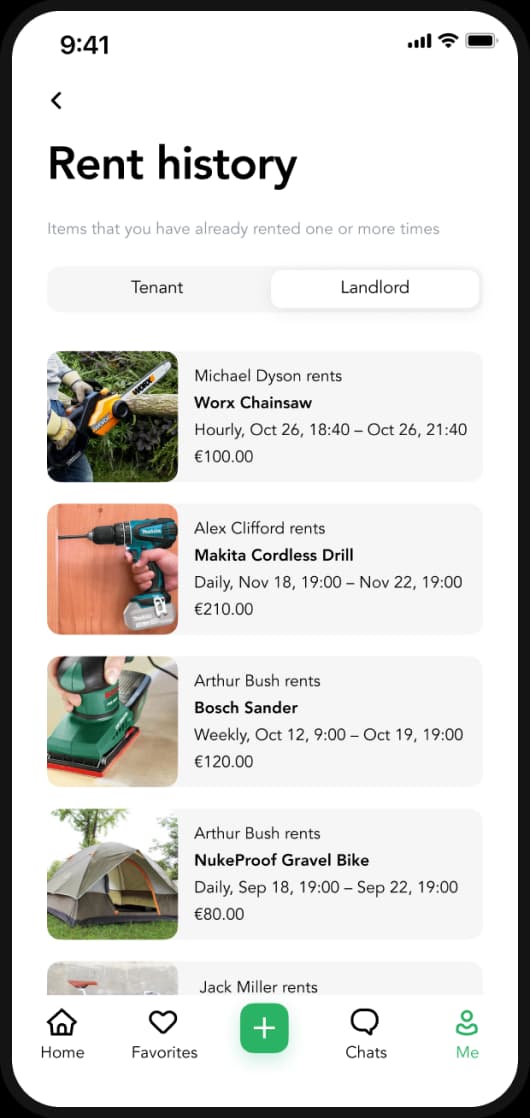 Lainappi app rent history screen listing previously rented items.