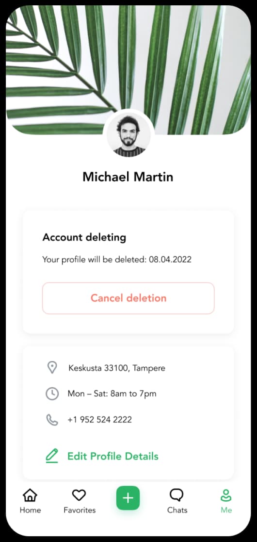 Lainappi app profile screen with account deletion cancellation option.