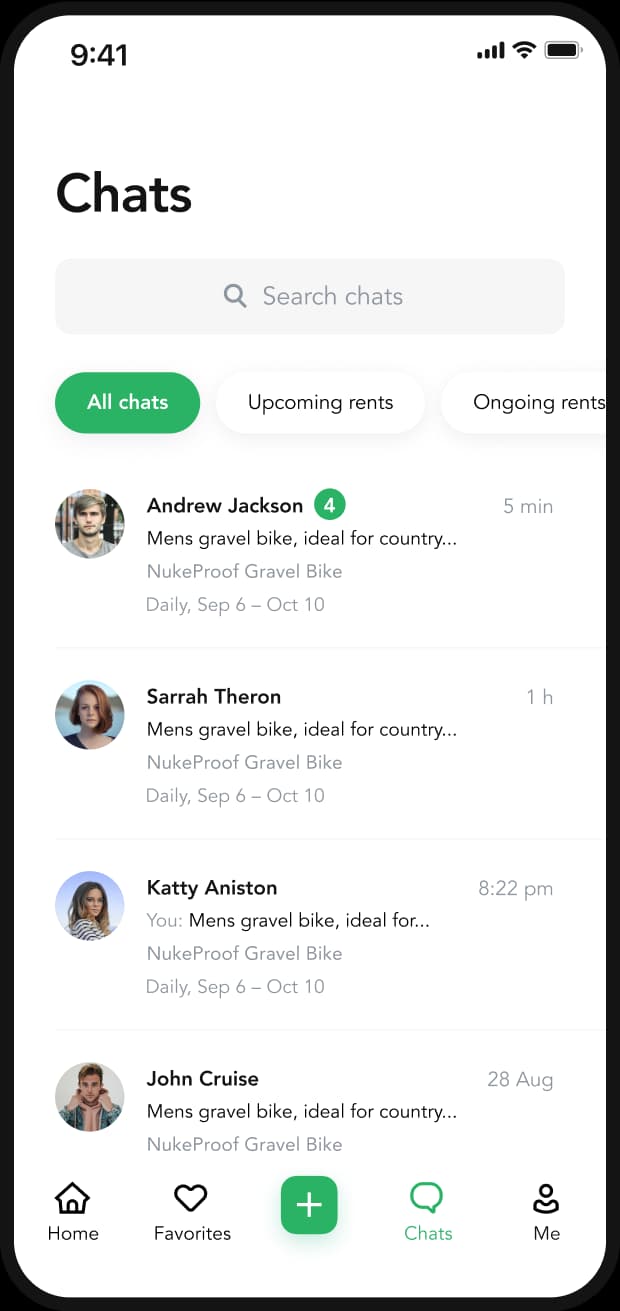 Lainappi app chat list with search and tabs for all, upcoming and ongoing rents.