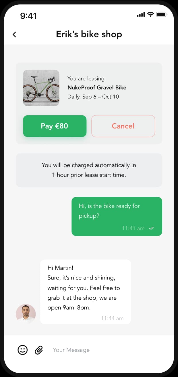 Lainappi app rental chat with the lease card, a payment button and system messages.