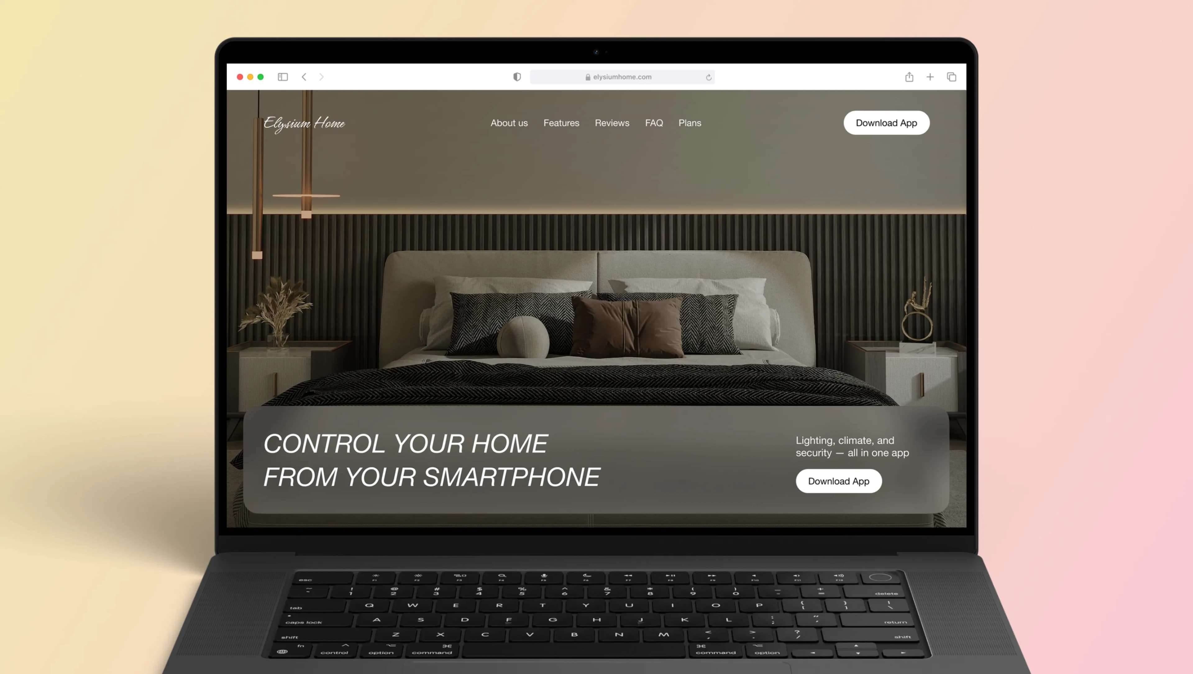 Laptop showing the smart-home superapp landing page on a pink backdrop.
