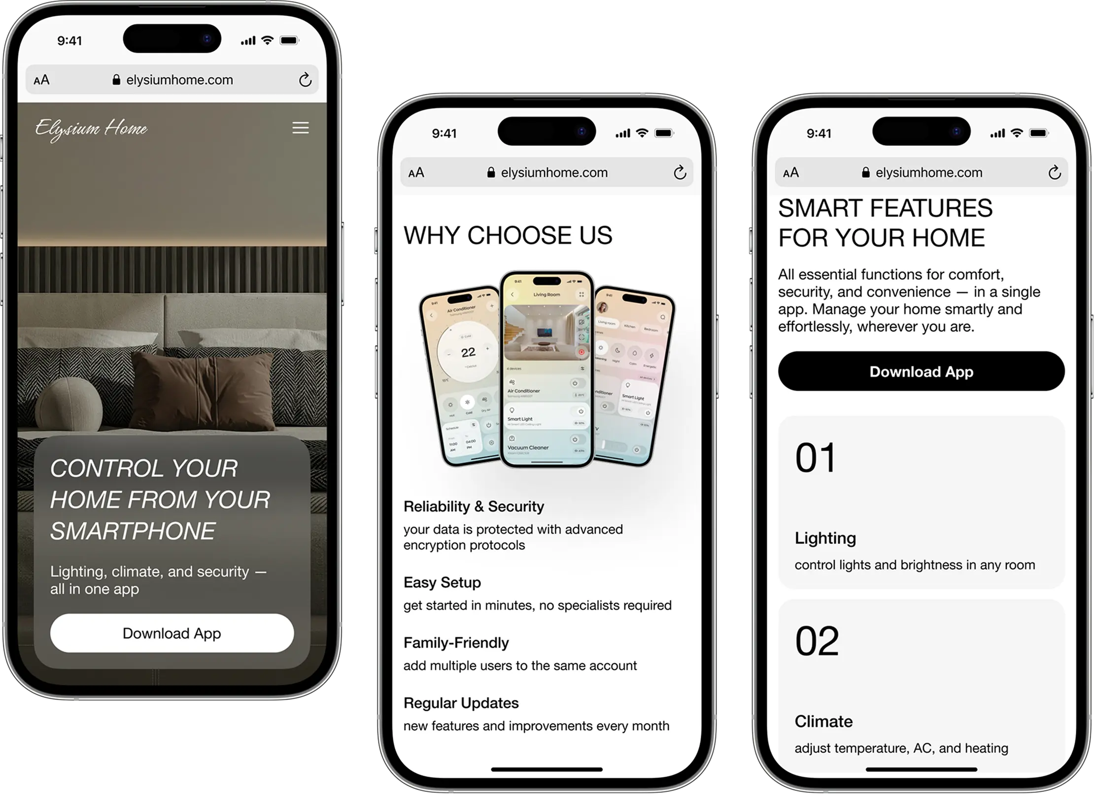 Phone screens of the smart-home site: hero, why choose us, smart features.