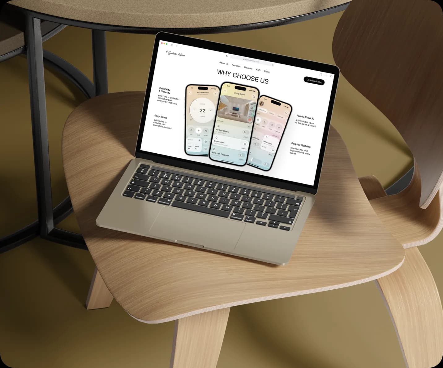 Laptop on a wooden chair showing the smart-home landing page.