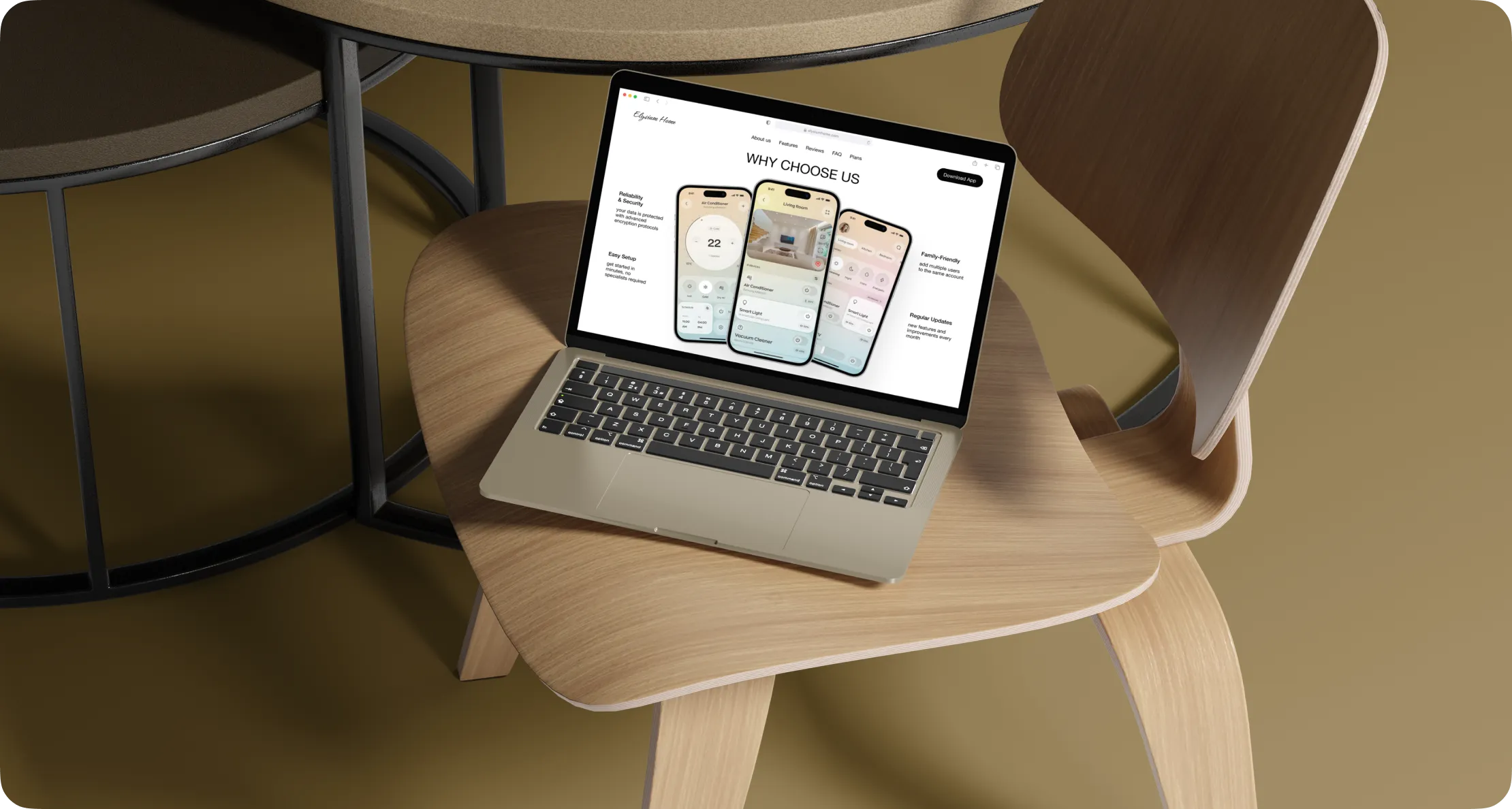 Laptop on a wooden chair showing the smart-home landing page.