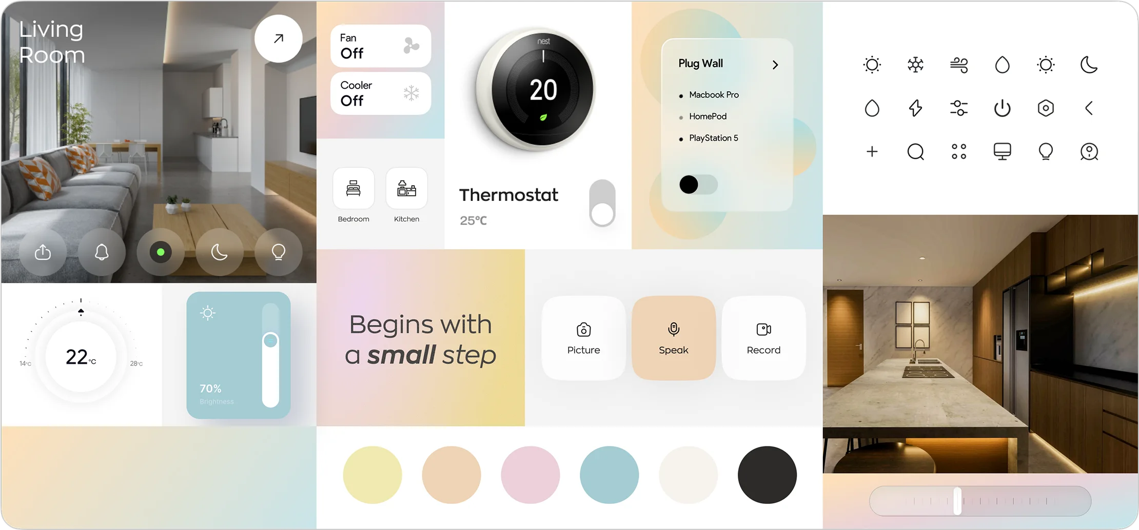 Design moodboard of color swatches, interior photos and icons for the smart-home superapp.