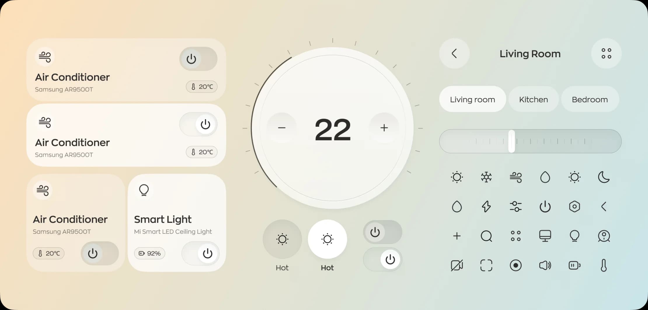 UI kit with a 22-degree control dial, icons and components for the smart-home superapp.