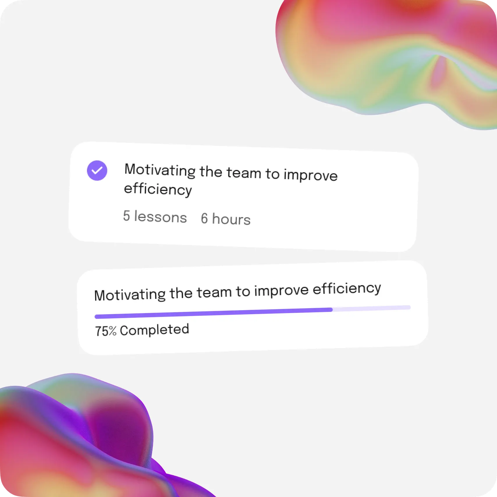 In-app lesson card and progress bar showing course completion.