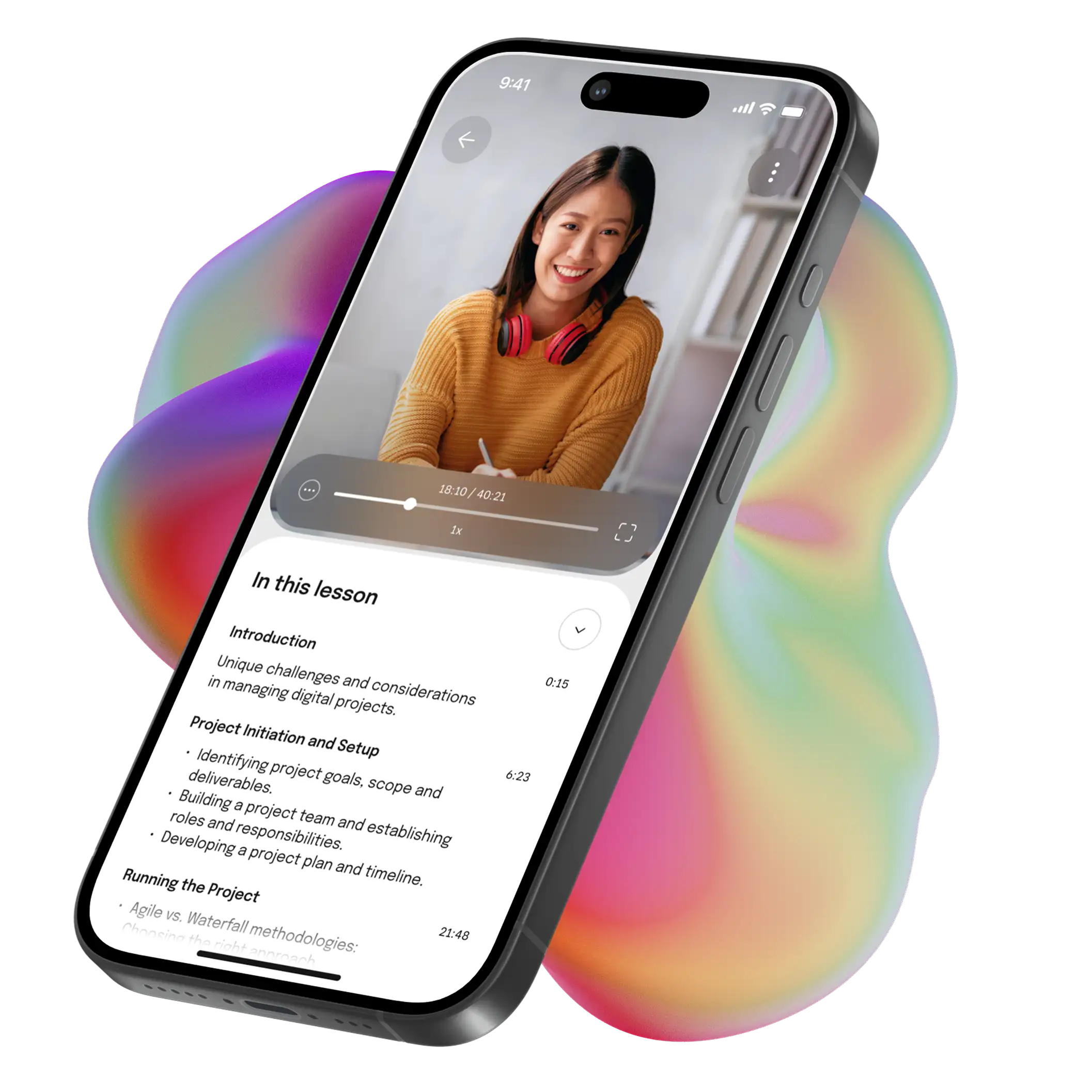 Smartphone showing a video lesson and lesson list in the learning app.