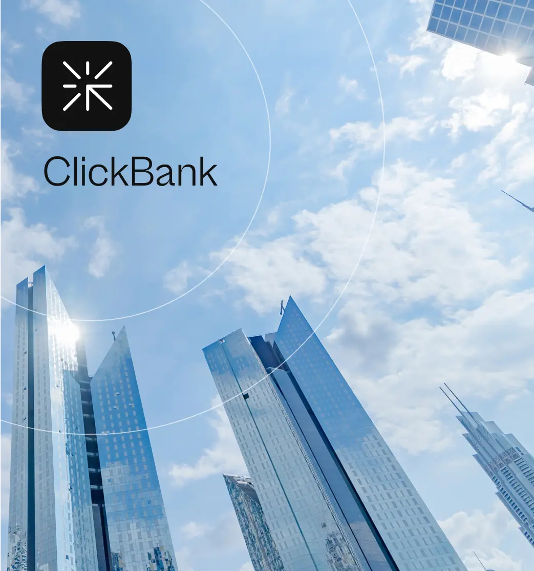 Photo of glass skyscrapers beside the neobank app logo.